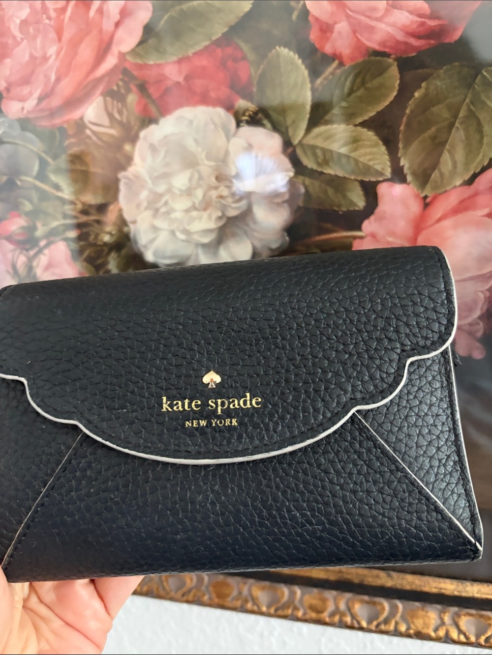 kate spade Black Pebbled Leather Scalloped Flap Wallet with Gold Logo